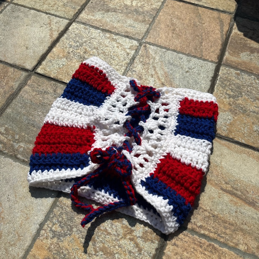Handmade Crochet Corset Belt | Red White & Blue Lace-Up Top